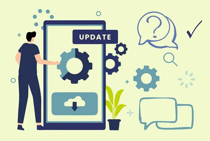 رجل ينظر إلى شاشة هاتف ذكي كبير تعرض ترسًا وكلمة "UPDATE"، مع أيقونات إعدادات وتنزيل ورسائل على خلفية فاتحة.