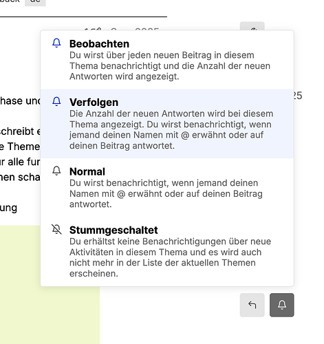 Auswahlmenü zur Festlegung der Benachrichtigungen für ein Thema in der EnableMe Community mit vier Optionen: Beobachten benachrichtigt über jeden neuen Beitrag, Verfolgen zeigt die Anzahl neuer Antworten und benachrichtigt bei Erwähnungen oder Antworten auf eigene Beiträge, Normal benachrichtigt nur bei Erwähnungen oder direkten Antworten, und Stummgeschaltet deaktiviert sämtliche Benachrichtigungen sowie die Anzeige in der Themenliste.