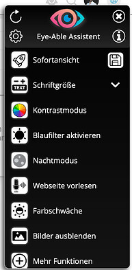 Menü des Eye-Able Assistenten zur Anpassung der Barrierefreiheit in der EnableMe Community mit Optionen wie Sofortansicht, Schriftgröße, Kontrastmodus, Blaufilter aktivieren, Nachtmodus, Webseite vorlesen, Farbschwäche, Bilder ausblenden sowie Mehr Funktionen.