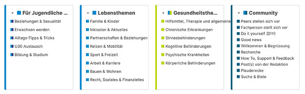 Vier Themenkacheln der EnableMe Community nebeneinander: „Für Jugendliche" mit Themen wie Beziehungen & Sexualität, Erwachsen werden und Bildung & Studium. „Lebensthemen" mit Familie & Kinder, Inklusion, Reisen & Mobilität, Arbeit & Karriere und weiteren. „Gesundheitsthemen" mit Hilfsmittel und Therapie, Chronische Erkrankungen, Sinnes-, Kognitive und Körperliche Behinderungen sowie Psychische Krankheiten. „Community" mit Peers stellen sich vor, Fachperson stellt sich vor, Do it yourself, Plauderecke, Suche & Biete und weiteren Austauschformaten.