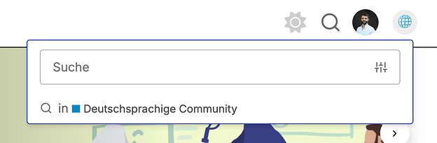 Geöffnetes Suchfeld in der EnableMe Community mit der Option, innerhalb der Deutschsprachigen Community zu suchen. Rechts oben in der Kopfzeile befinden sich Symbole für Einstellungen, Suche, Profilbild und Sprachauswahl.