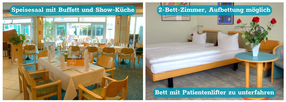 Ein Foto des Speisesaals, der hell und in hellen Holztönen gehalten ist. Die Tische sind gedeckt. Auf der anderen Seite ein Foto vom Hotelzimmer: Es sind rote Rosen auf einem Beistelltisch und das Bett ist höhenverstellbar.