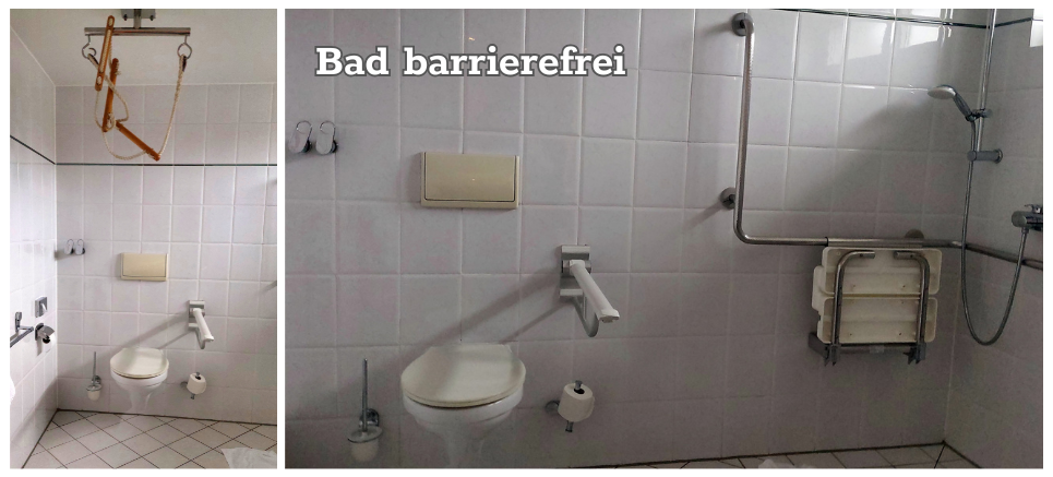 Zwei Fotos des barrierefreien Bades, das Bad ist in Grautönen gehalten, es ist geräumig und es gibt viele einklappbare Sitz- und Stehhilfen.