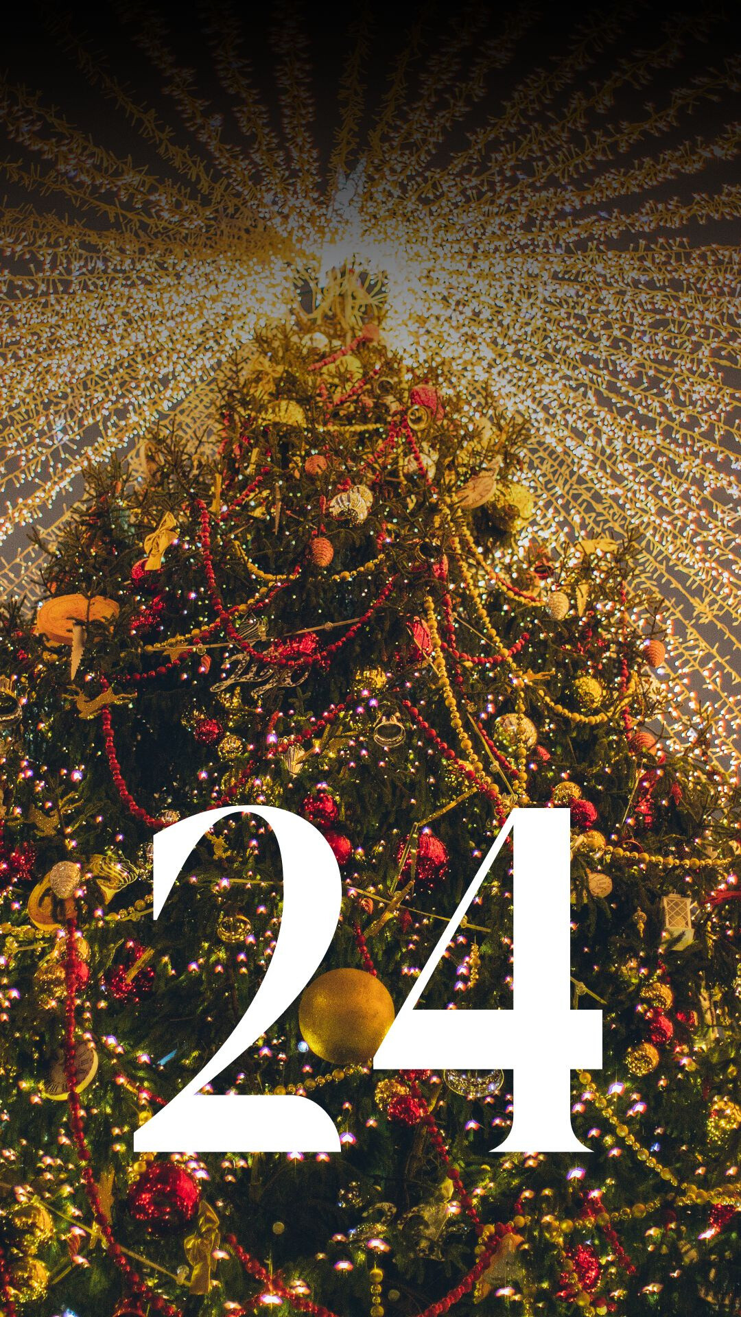 Ein festlich geschmückter Weihnachtsbaum, der mit vielen Lichtern, roten und goldenen Kugeln sowie Girlanden dekoriert ist. Über dem Baum strahlen viele kleine Lichter in einem Muster, das wie ein Sternenhimmel aussieht. Im Vordergrund ist die große weiße Zahl
