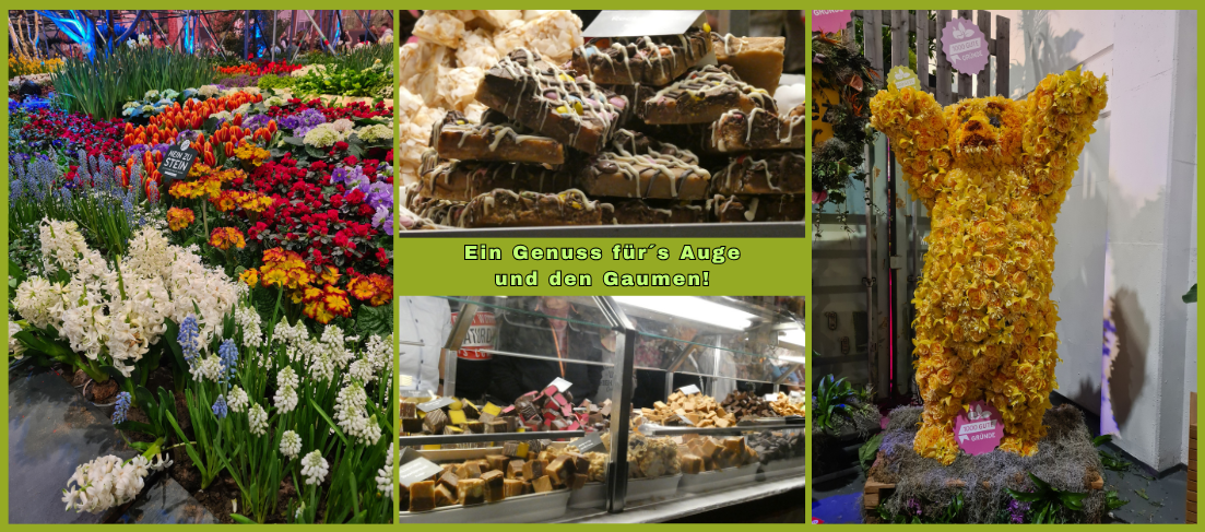 Vier Fotos: 1. Viele bunte Blumen. 2. und 3. Fotos von Speiseständen. 4. Ein Foto vom Berliner Bär aus gelben Blumen gebaut.