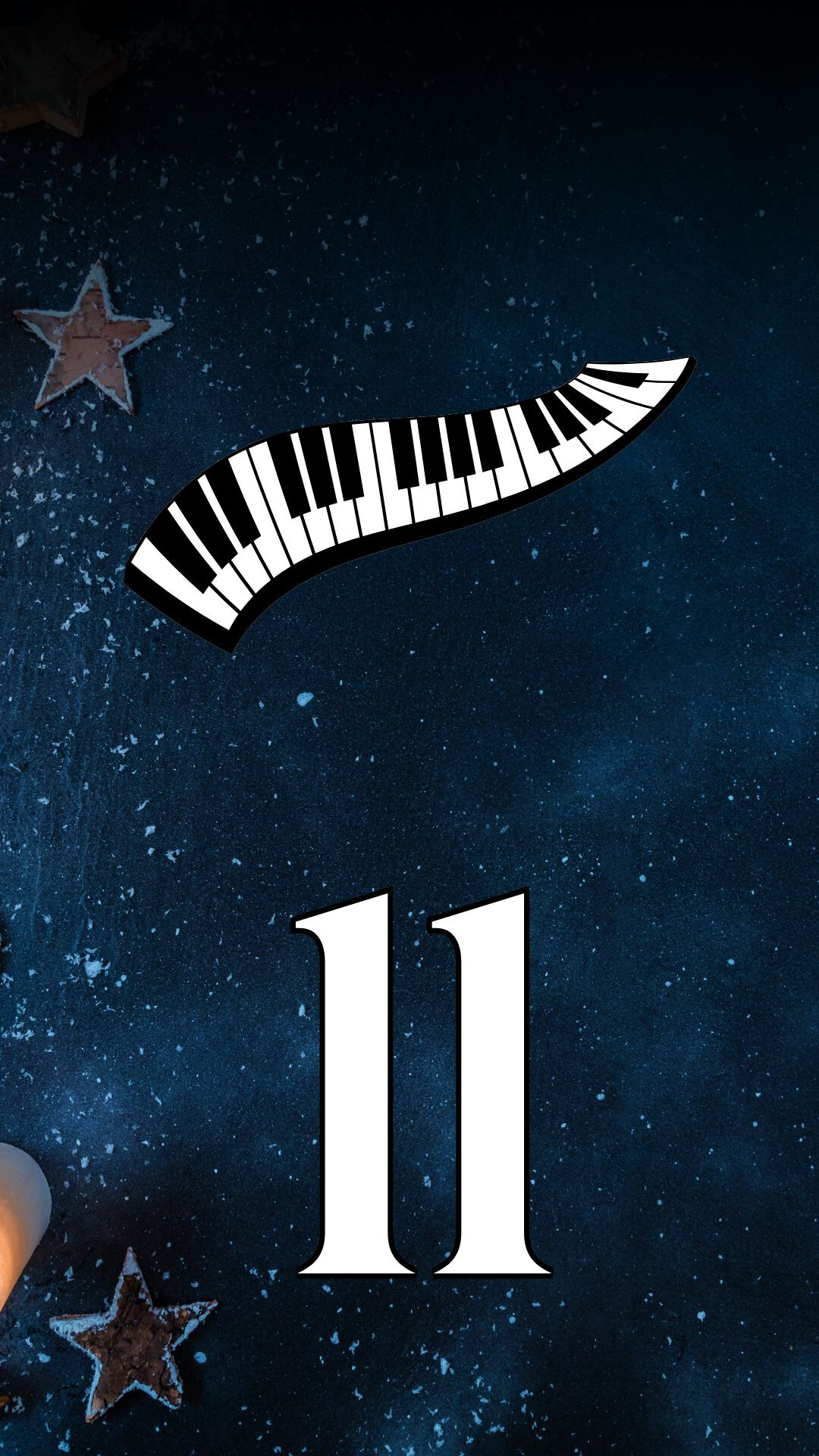 Eine dunkelblauer, sternenklarer Hintergrundfläche mit einer geschwungenen Klaviertastatur oben und der Zahl