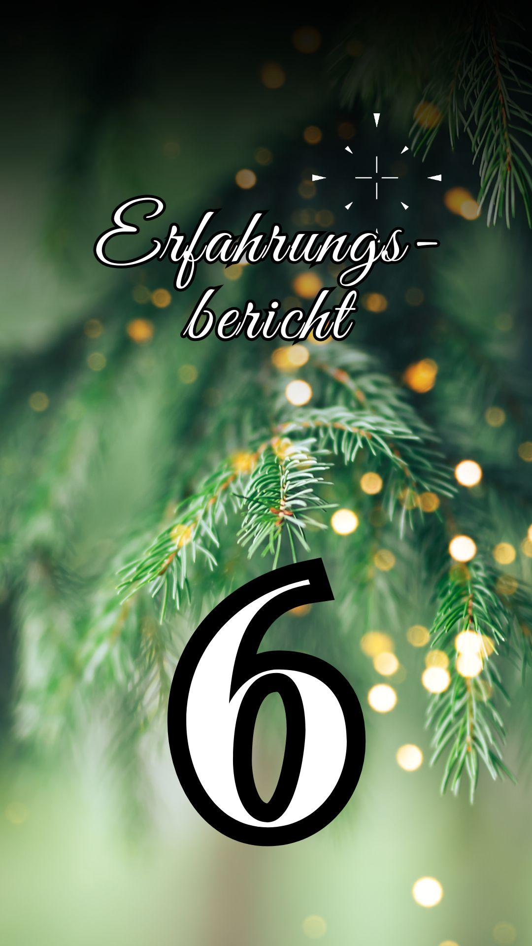 Ein verschwommener Hintergrund mit grünen Tannenzweigen und leuchtenden Lichtern. Im Vordergrund steht der Text